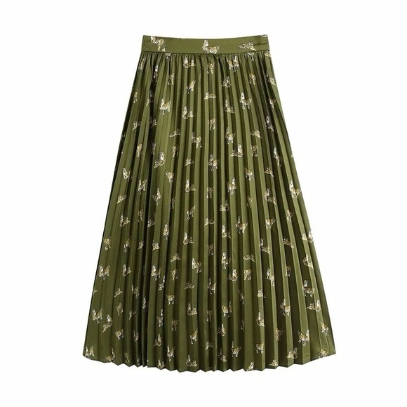 Zara satin pleated olive green tiger midi skirt very light and flowy size XS - Picture 3 of 8